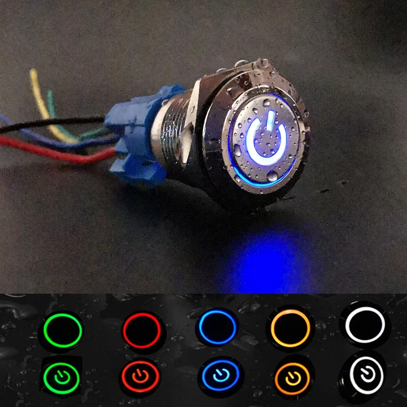 

16mm red blue yellow green white warm light car Auto Metal LED power button switch Auto Reset Automatic reset Loose back 5V 12V