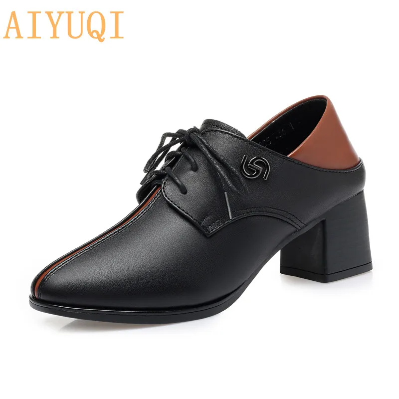 AIYUQI женская обувь; коллекция года; сезон осень; новые модельные туфли; женская официальная обувь из натуральной кожи; повседневная обувь на шнуровке; большие размеры 41, 42, 43 - Цвет: Cowhide brown