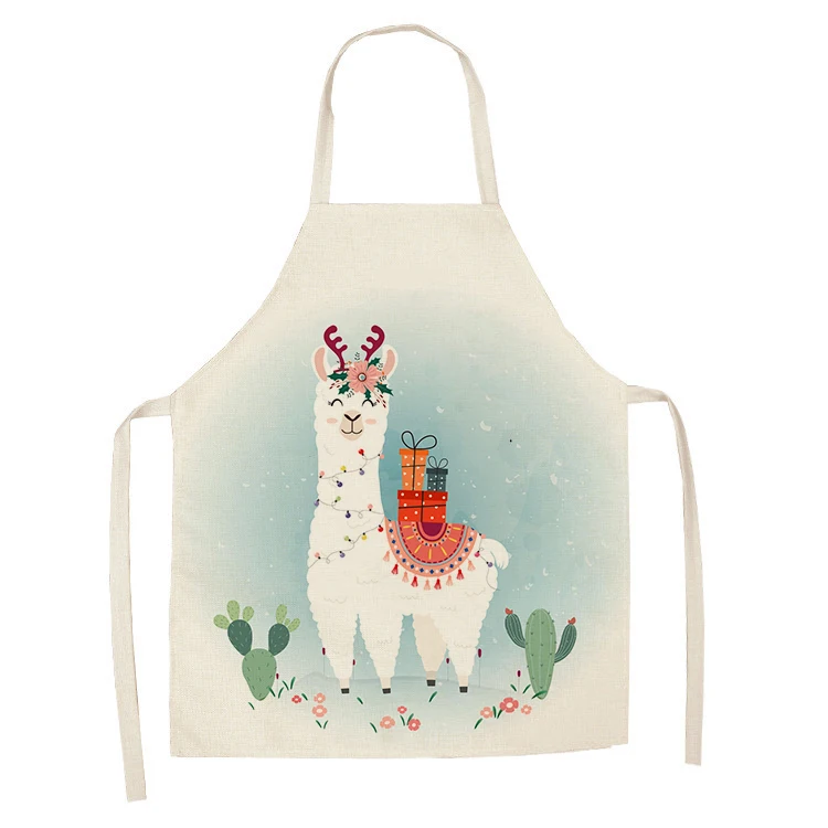Cute Alpaca Cactus PrintedCotton Linen Sleeveless Aprons Kitchen Women Pinafore Home Cooking Baking Waist Bib 55*68cm