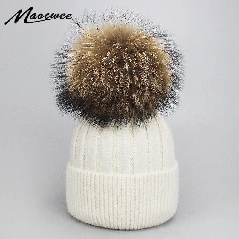 

Winter Real Fur Pompon Beanie Hat For Girls Women Wool Knitted Skullies Beanies Parent-child Hat Outdoor Warm Thick Casual Caps