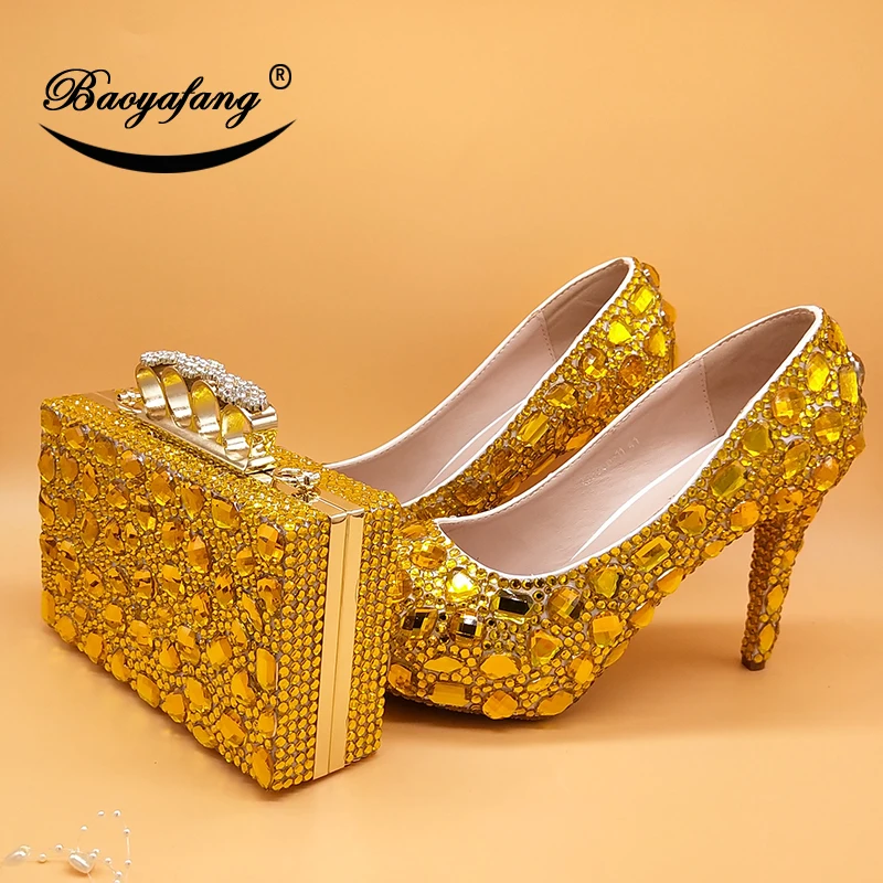 

Gold rhinestone Womens wedding shoes with matching bags woman high heels platform shoes Crystal Pumps Round Toe Fashion Shoes