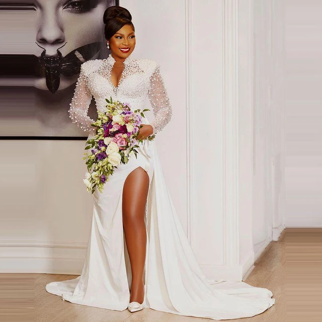 Deep V-neck Long Sleeves White Lace Wedding Dress with Split