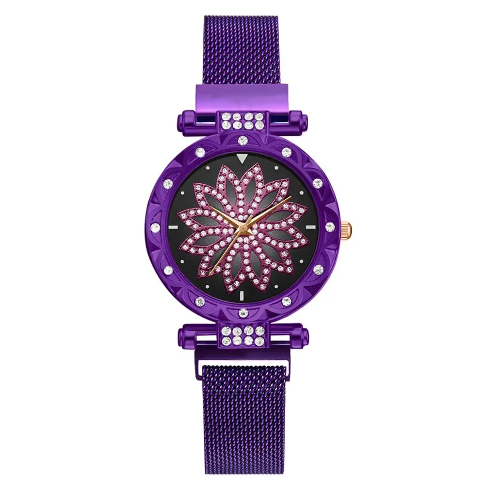 Модные женские сетчатые часы с магнитной пряжкой, роскошные женские часы с цветочным принтом, стразы, кварцевые часы, Набор браслетов для женщин, Relogio Feminino - Цвет: 1pcs Purple Watch