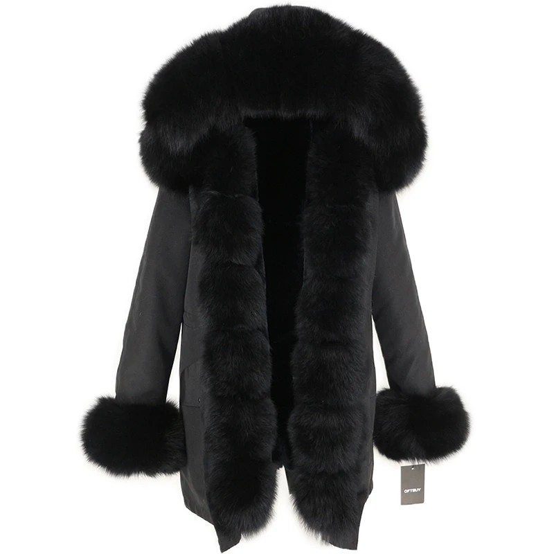 full black OFTBUY, водонепроницаемая длинная парка, зимняя куртка, для женщин, натуральный мех, пальто, натуральный Лисий мех, воротник, капюшон, толстая, теплая, уличная, съемная, Новинка - Цвет: full black