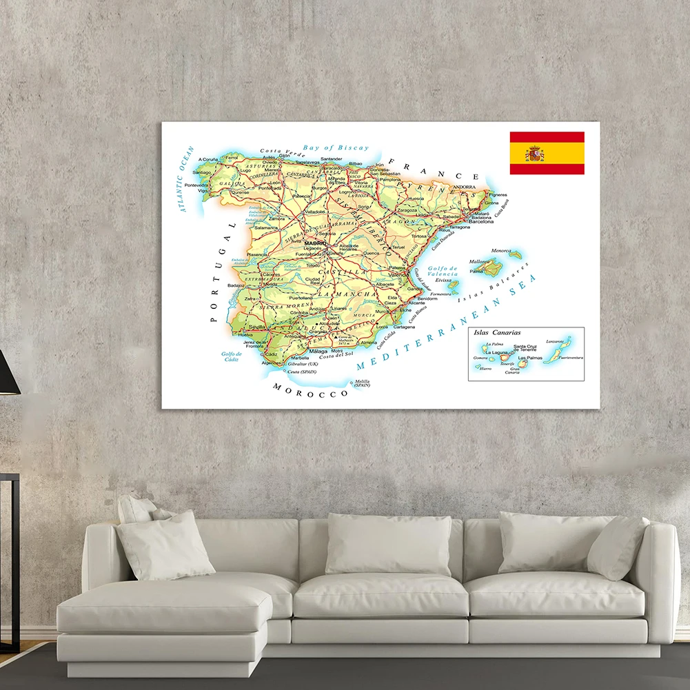 150*100cm Road and Rail Network of The Spain Map Non-woven Canvas Painting Wall Poster Office School Supplies Home Decoration spain road map