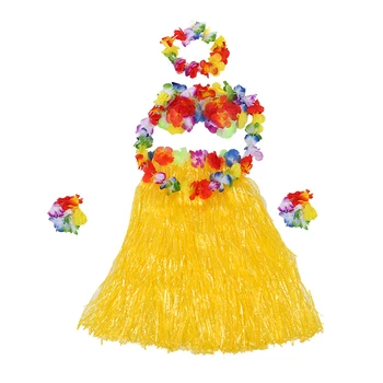 

6 Set Hawaiian Grass Skirt flower Hula Lei Wristband Garland fancy Dress costume