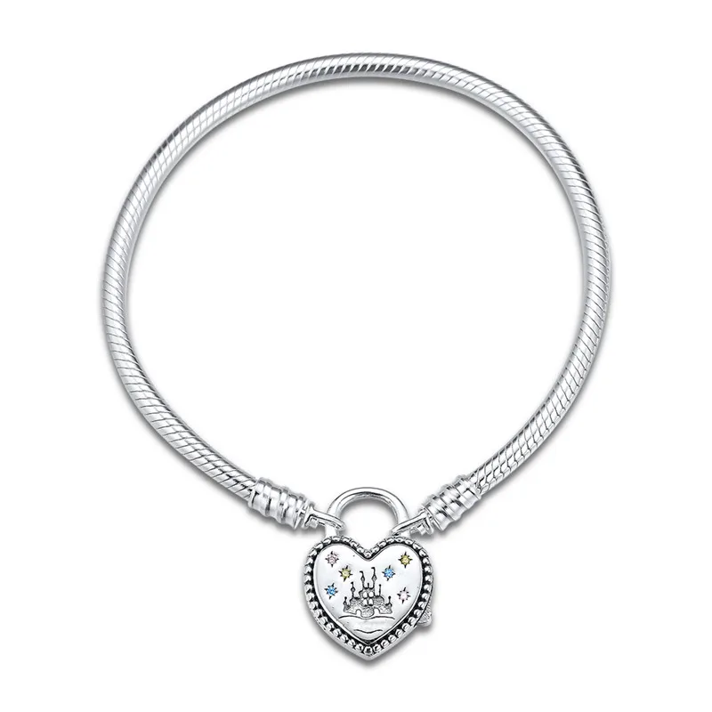 

Fantasyland Castle Heart Padlock Snake Chain Silver Bracelets for Women Fashion Real 925 Sterling Silver Bracelet for DIY Making