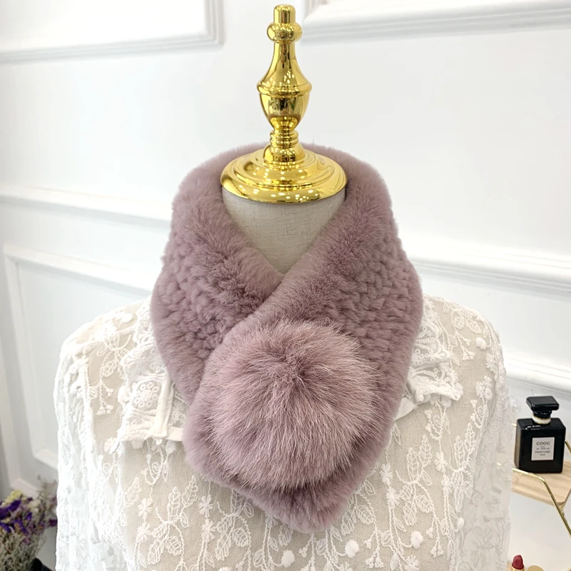 

2021 New Women's Winter Real Rex Rabbit Fur Scarves Lady Wraps with Genuine Fox Fur Ball Pompom Knit Girls Neckchief Neck Warmer
