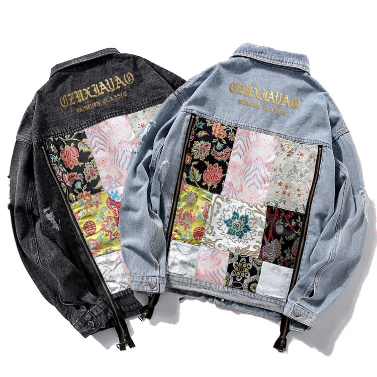 Bf Harajuku черная джинсовая куртка для женщин Осень Зима Свободные вышивка цветок лоскутное джинсы куртка молния сзади принт джинсовое пальто