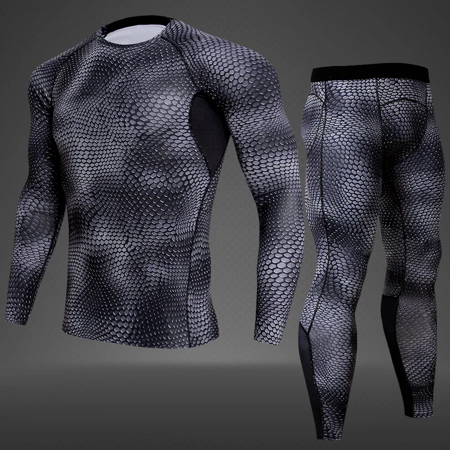 New Model Sweat Quick Dry Compression Sets Men Long Johns Thermal Underwear fitness bodybuilding shapers - Цвет: Snake - suit