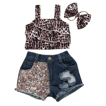 

Pudcoco Baby Summer Clothing Kids Baby Girls Top Shorts Headwear 3pcs Suits Leopard Short Sleeve Pleated Vest Blue Sequin Jeans