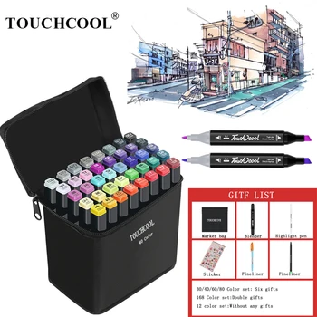

TOUCHCOOL 30/40/60/80 Color Sketch Marker Alcohol Markers Art Drawing Manga Dual Tips Marker Pen Set Black Body Art Supplier