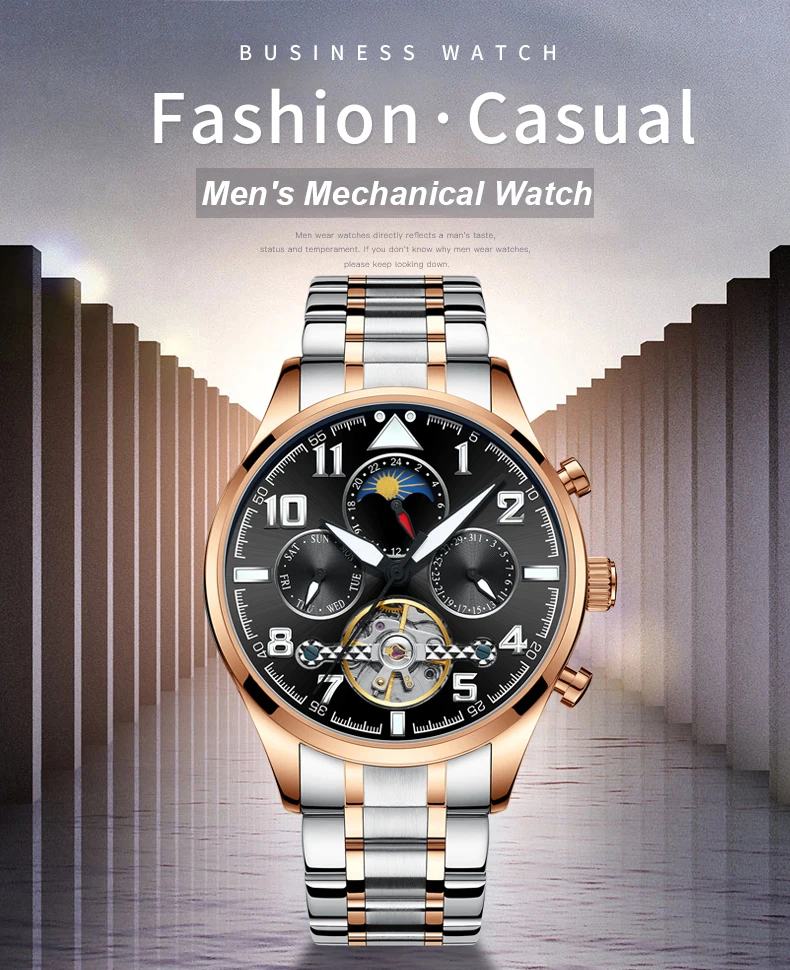 HAIQIN, фаза Луны/дисплей недели/Tourbillon, механические часы, мужские, повседневные, деловые, модные, из нержавеющей стали, мужские часы, Rloj Hombre