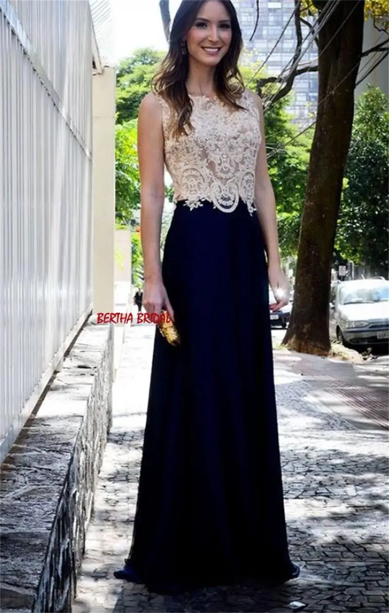 navy blue Вечернее платье с кружевным корсетом, женское элегантное шифоновое длинное вечернее платье трапециевидной формы, Abiti Da Cerimonia Da Sera - Цвет: navy blue