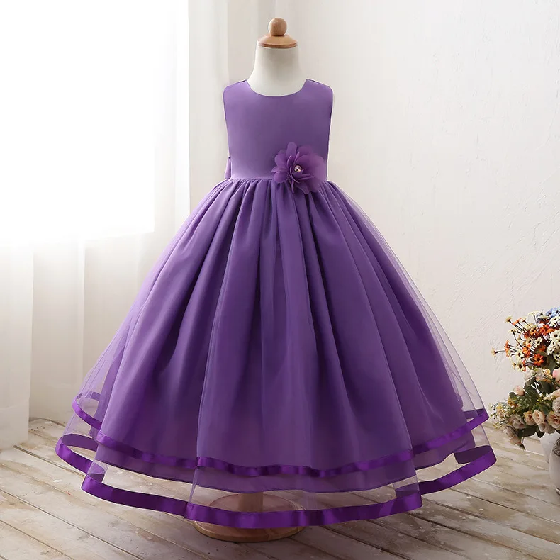 

Europe And America Wedding Dress Girls' Long Skirt Solid Color Flower Bow Lace Gauze Princess Dress Children Shirt