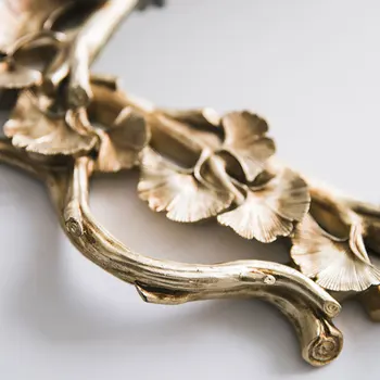 

1Pc Rectangular Gingko Leaf Retro Carved Tray Mirror Tea Fruit Dessert Coffee Dessert Table Storage Tray(Golden)