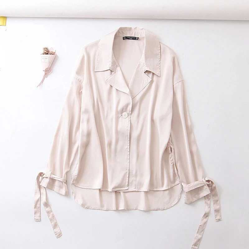 

Spring Autumn Elegant Lace Up Bow Blouse Women Turn Down Collar One Button Plus Size Tops Long Sleeves Chiffon Tops XB9263