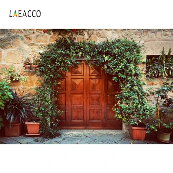 

Laeacco Stone House Wood Door Potted Plants Grass Frame Photography Backgrounds Photo Backdrops Baby Portrait Spring Photophone