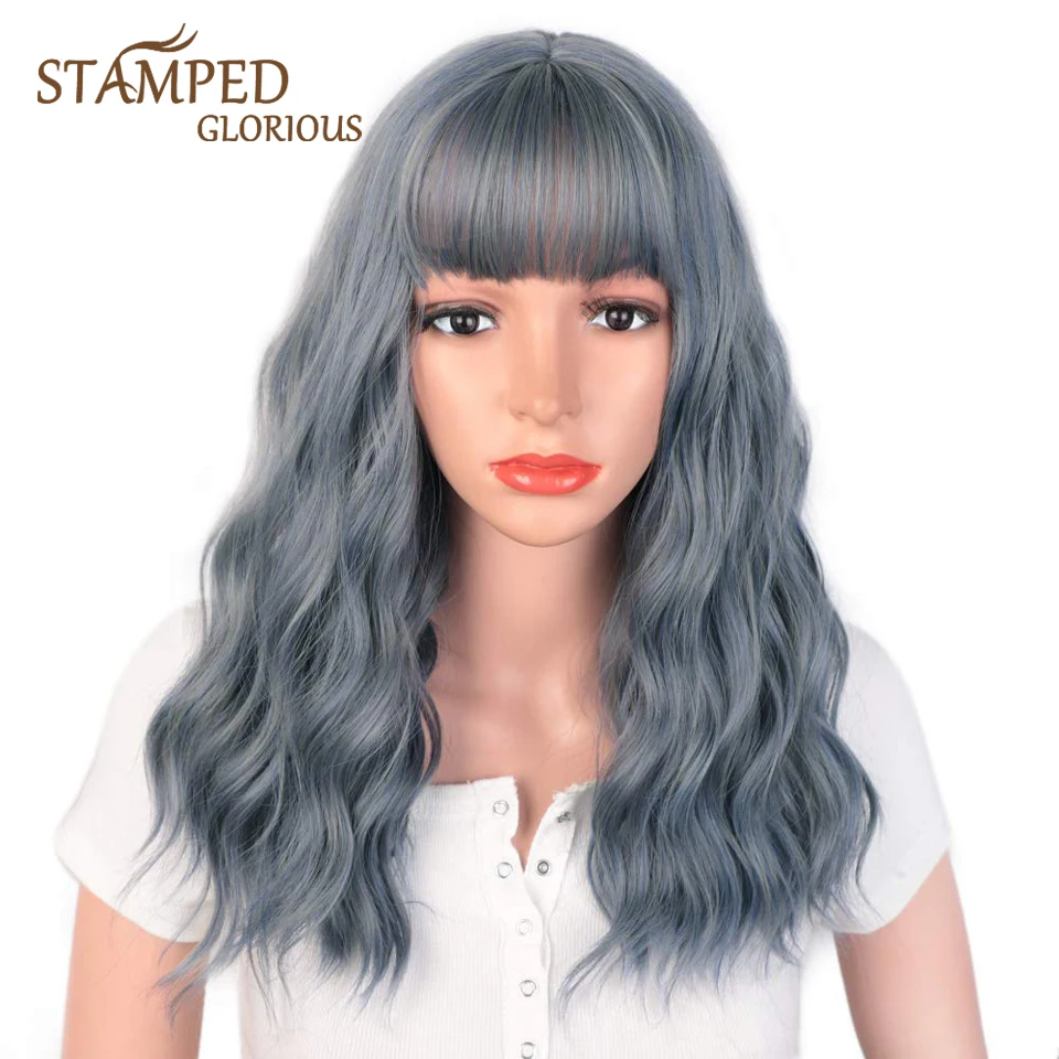 

Stamped Glorious Natural Wave Wig Blue or Black Wig With Bangs Synthetic Long Wigs for Women Heat Resistant Fiber Hair