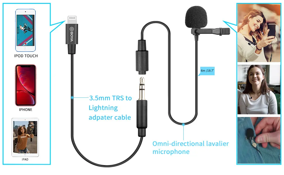 BOYA BY-M2/M2D 6m Professional iOS Condenser Lavalier Microphone for iPad iPhone iPod touch Sreaming Blogger Lapel Mictophone