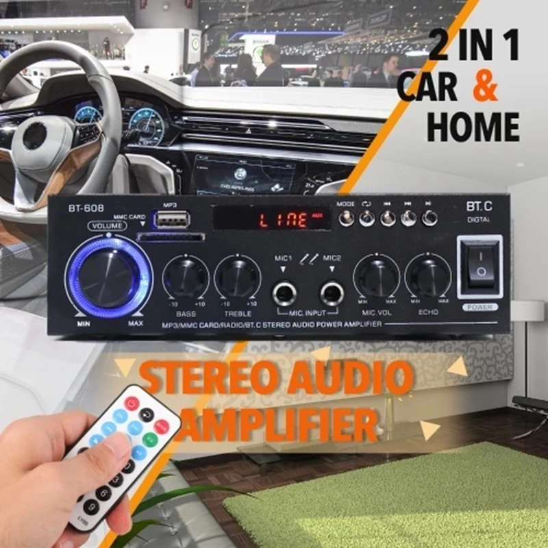 Mini Power Amplifier Audio MP3 Player FM Radio BT Digital Audio Receiver LCD Display Dual Microphone Input BT Amplifier