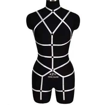 

Lingerie Harness Belts Set Crop Top White Punk Goth Suspender Elastic Garter Belt Open Bondage Sexy Dance Rave Women Cage Bra
