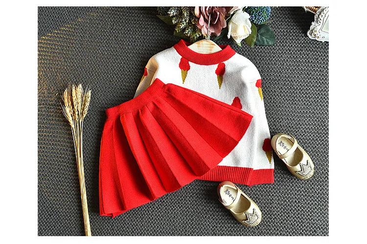 Осенний вязаный костюм в Корейском стиле для девочек, свитер, Детская футболка с рисунком для девочек, короткая юбка, комплект из двух предметов