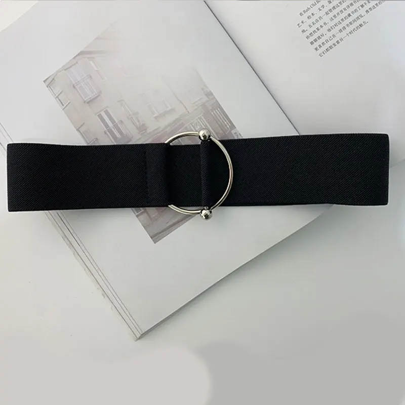 New Women Silver Color Fashion Elastic Fabric Belt Big Round Metal Buckle S M 
