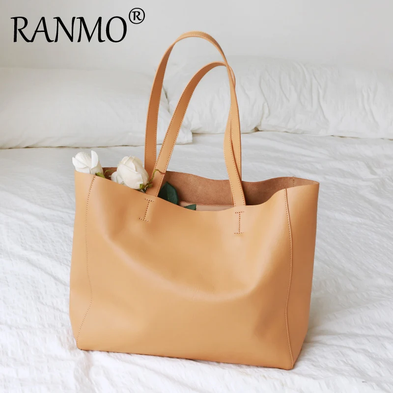 

2020 New Large Capacity Shoulder Bag Genuine Leather Bag Simple And Fashionable Top Layer Cowhide Commuter Tote Bag Women