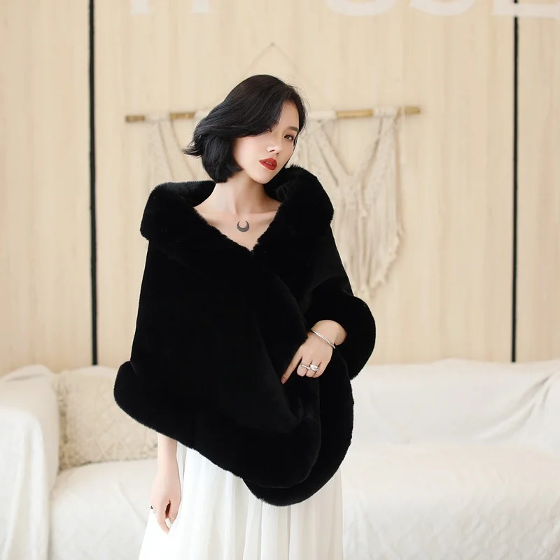 Black Faux fur Women Bridal Wedding Party Shawl Shrug Jacket Cape Stole