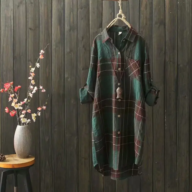Vintagel/женская рубашка в клетку,, длинный рукав, хлопок, лен, женский кардиган с отложным воротником, Mori Girl, модная блузка, YoYiKamomo