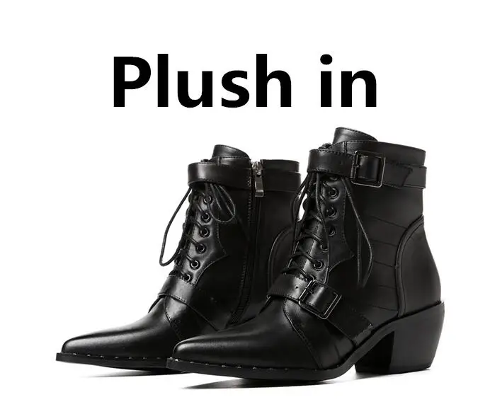 Buono Scarpe/Женские ботинки в байкерском стиле с заклепками фирменного дизайна; ботильоны на шнуровке с пряжкой; обувь на массивном каблуке с острым носком на молнии; Botas Mujer - Цвет: black plush in