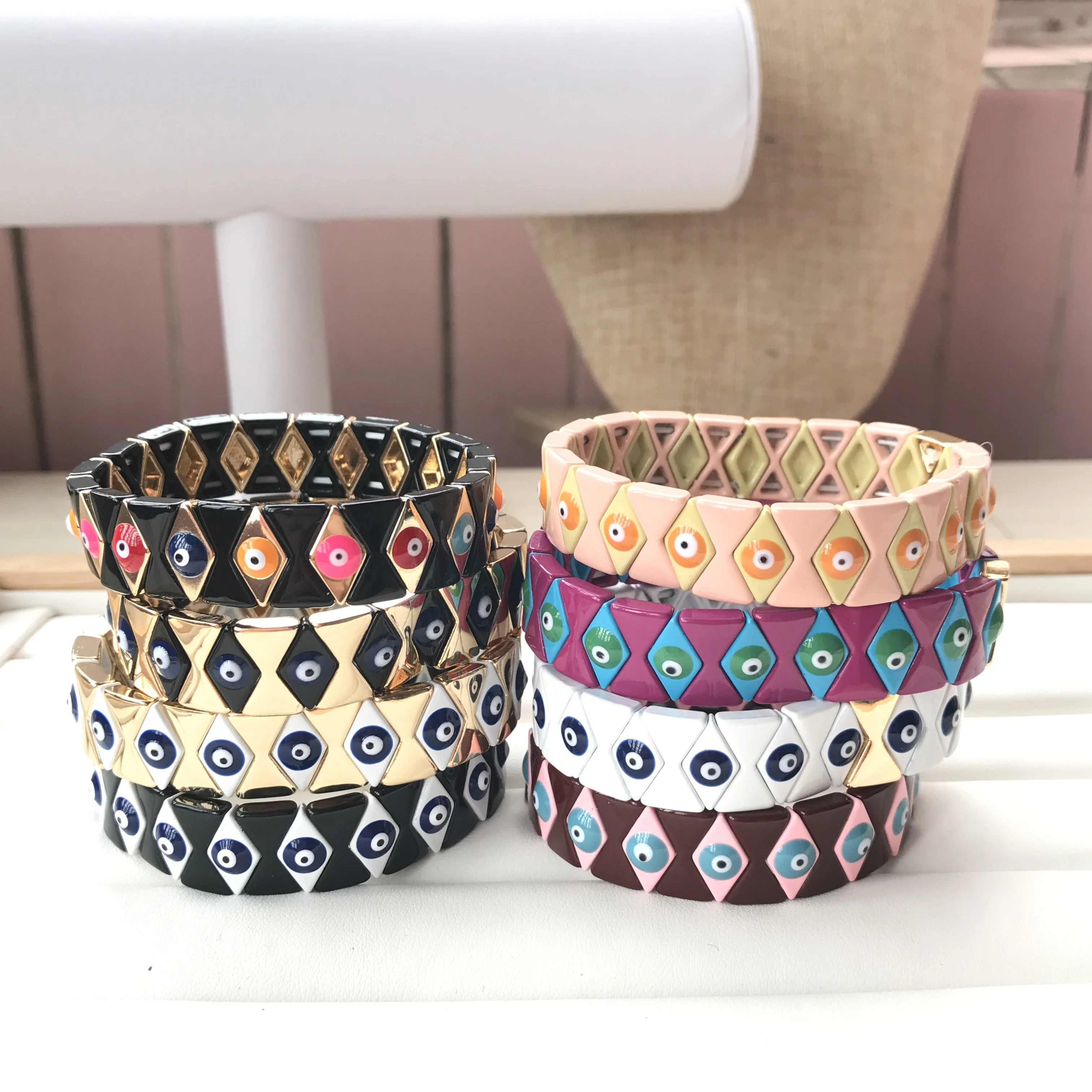 

Multicolor Tile Enamel Evil Eye Bracelet Tila Bead Stretch Bracelet For Women Boho Jewelry Metal Pulseira Gifts Girl QC2702
