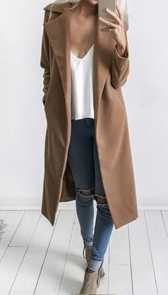Зимнее женское пальто, повседневное шерстяное женское пальто с отворотным воротником, Модное теплое одноцветное пальто с карманами размера плюс, длинная верхняя одежда