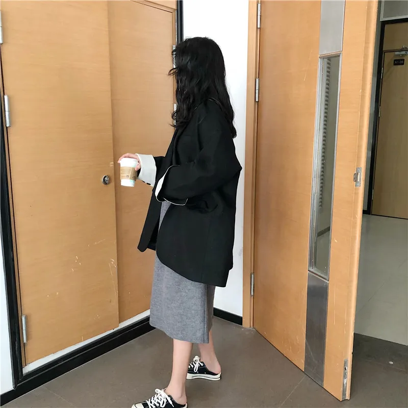 Осеннее шерстяное пальто Женская куртка с длинными рукавами на одной пуговице Повседневная шерстяная Верхняя одежда черное пальто Abrigos Mujer Invierno