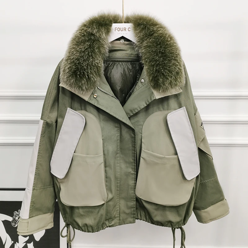 

Women Winter Thickness Warm White Duck Down Parkas Large Natural Fox Fur Collar Safari Style Down Coat Female Outwear