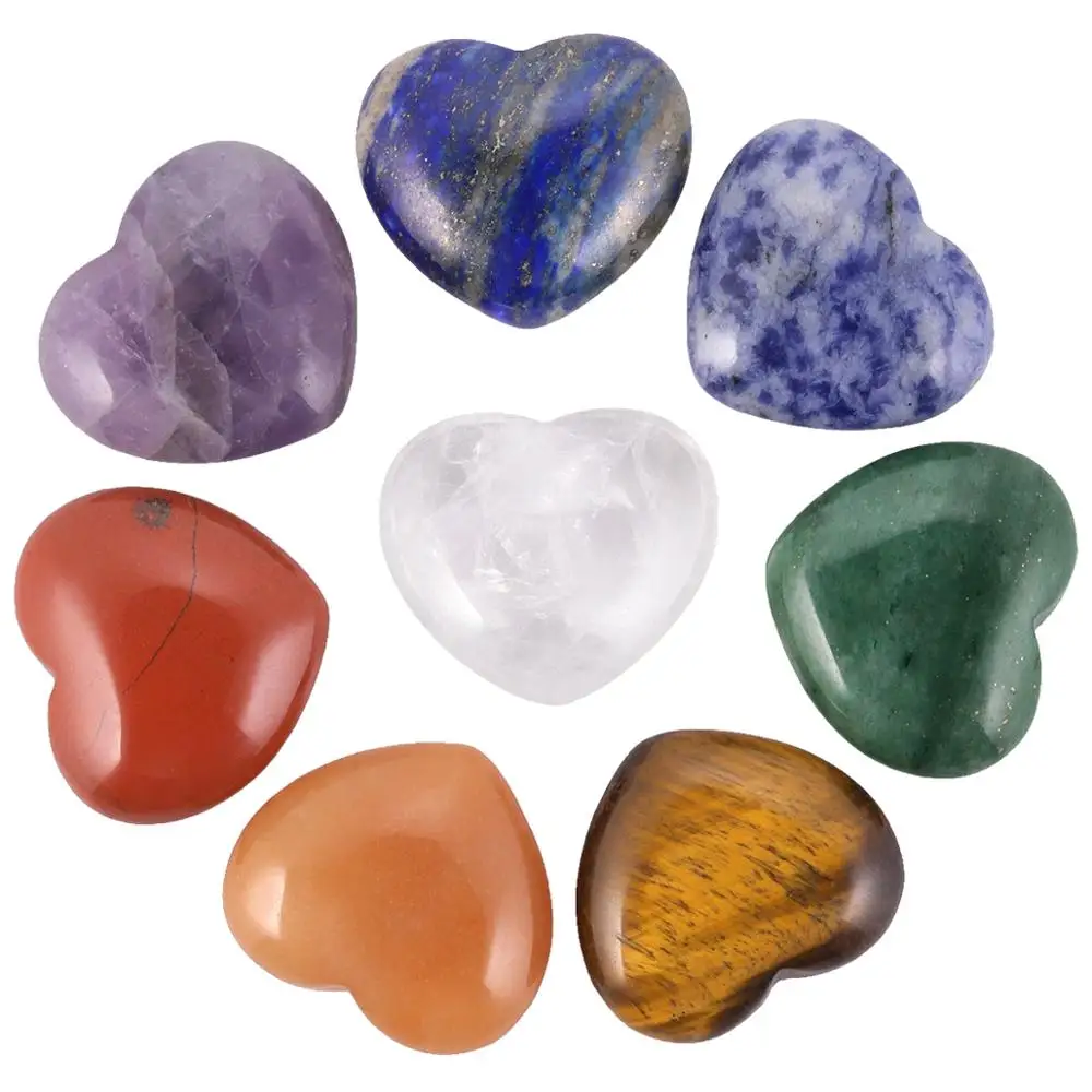 

TUMBEELLUWA 1Set(8Pc) Carved Puff Heart Chakra Crystal Mini Palm Stone,Worry Stone Healing Reiki Balancing 1.1''