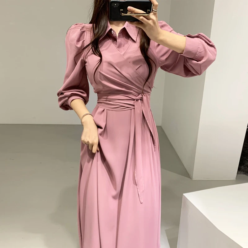 Spring Summer 2021 New Women Dress Long Sleeve Turn Down Collar Shirt Lace Up Ladies Casual Dresses Vestidos | Женская одежда
