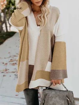 

yinlinhe khaki long Cardigan women colorful patchwork autumn loose women sweater long sleeve casual spring Cardigans female 1307