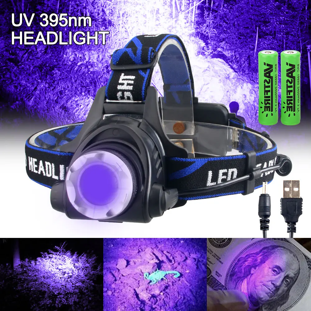 2000LM Green/Red/UV 395nm Headlamp Waterproof Zoomable Ultraviolet