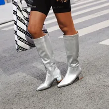Женские сапоги до колена из искусственной кожи; Цвет серебристый, желтый; сапоги с острым носком; женские длинные сапоги на массивном высоком каблуке; ковбойские сапоги в ковбойском стиле
