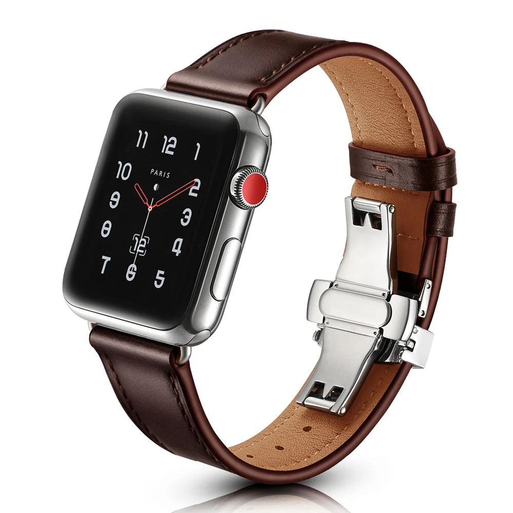 

Luxury Butterfly Buckle Oil Wax Leather Strap Band for Apple Watch Series 5 4 3 2 Bracelet for iWatch 42/44mm 38/40mm Wrist Belt