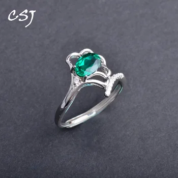 

CSJ Created Emerald rings modern stylish Real 925 Silver sterling Oval 5*7mm cut Fine Jewelry for Women Gift in box free express
