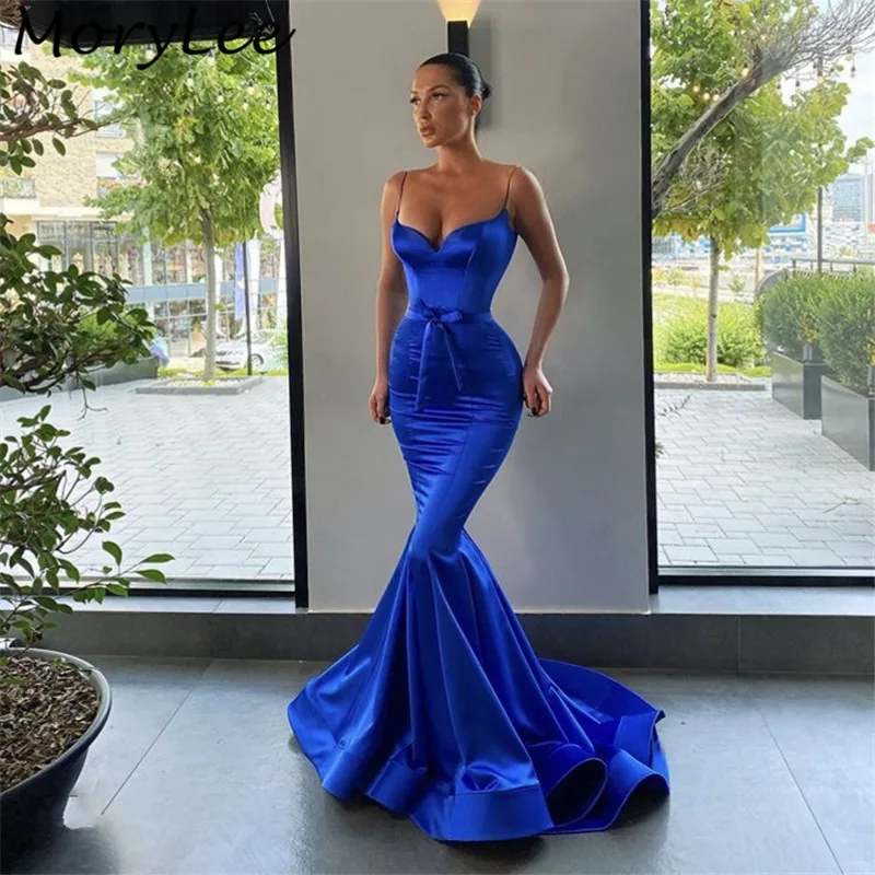 royal blue satin mermaid prom dress