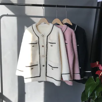 

Korean Faux Mink Cashmere Short Cardigan Knitted Sweater Women Autumn Fashion Single Breasted Pocket Loose Cardigans Coat G482