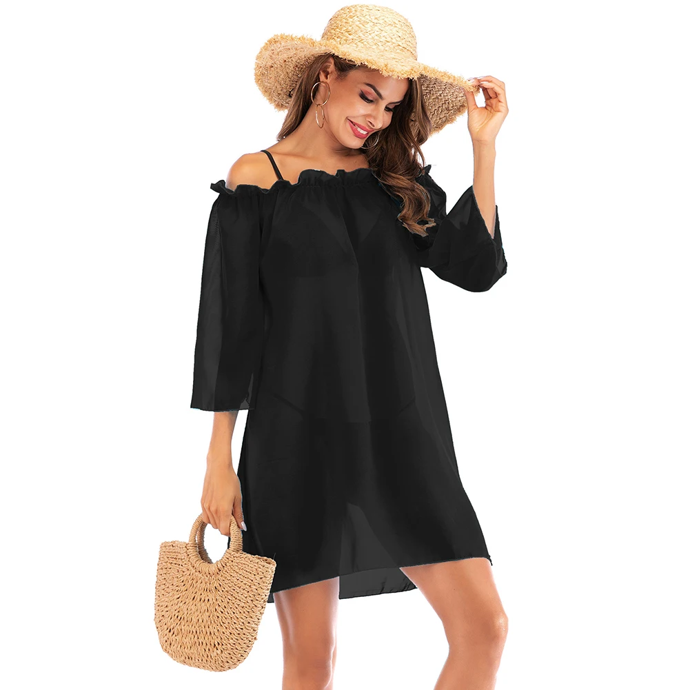 

Casual Off Shoulder Solid Pool Ruffle Beachwear Women Beach Sarong Summer Swimsuit Swimwear Holiday Cover Up Chiffon Dress