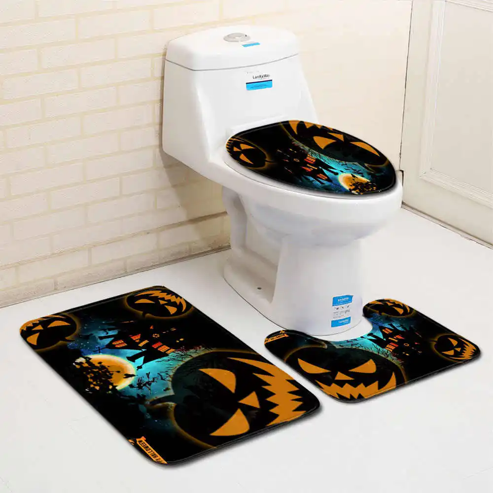 Хэллоуин крышка унитаза пена для душа с памятью формы WC коврик фонарь-тыква с рисунком, Нескользящие Набор ковриков для ванной комнаты - Цвет: No-3