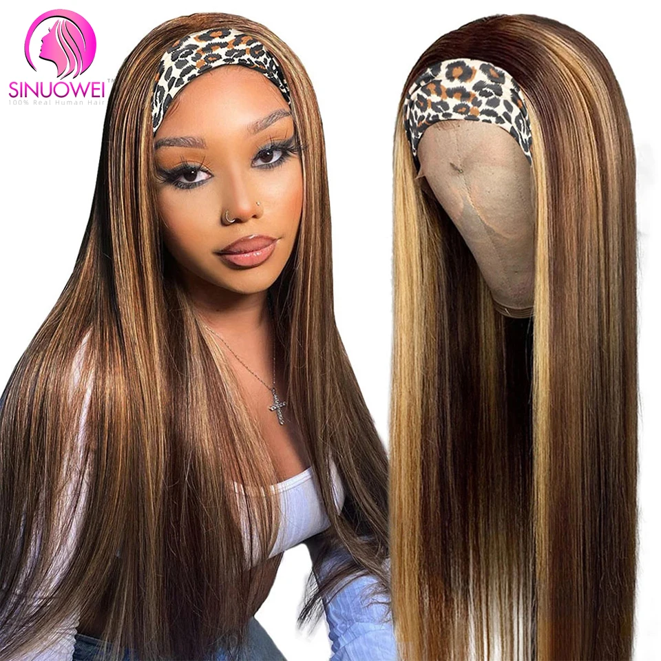 Sinuowei Straight Highlight Headband Human Hair Wigs For Women Peruvian Grip Scarf 150% No Glue | Шиньоны и парики