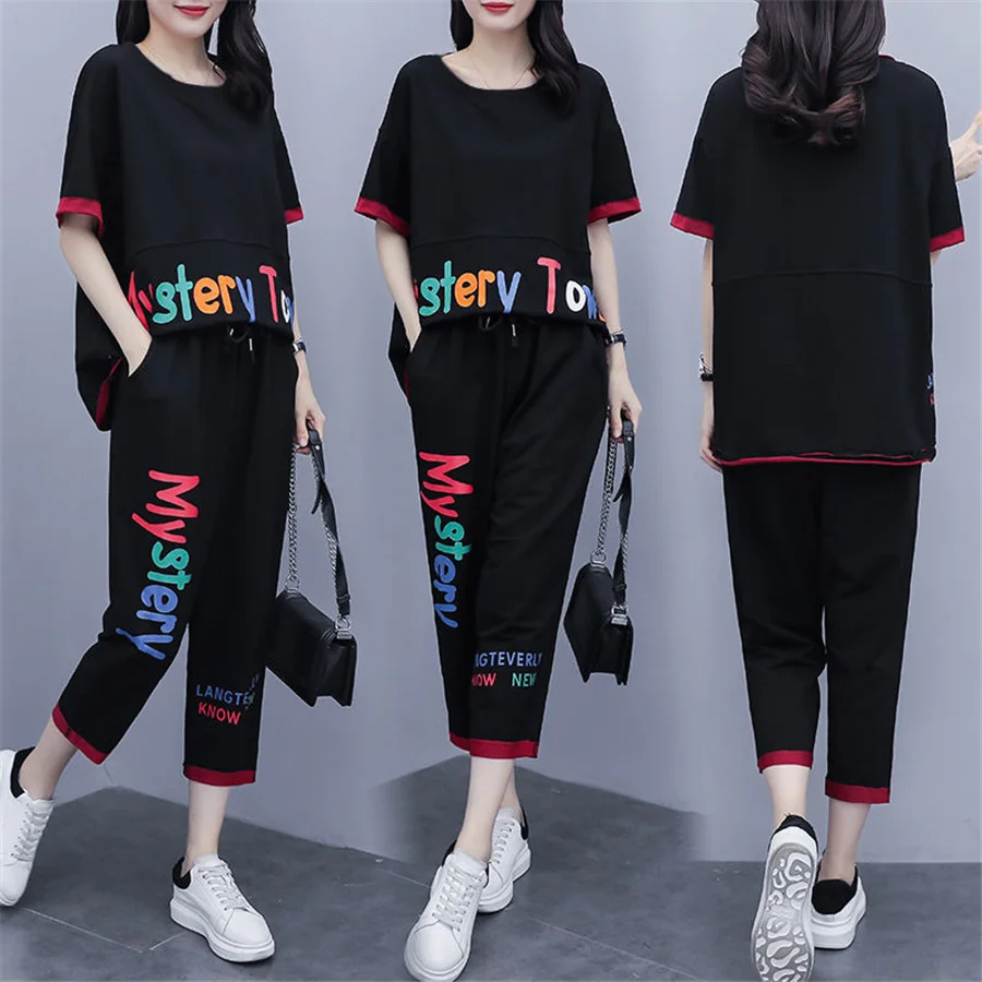 

Two Piece Outfits letter print Suits Women Fashion Tracksuit 2 Piece Set Short Sleeve O-neck Pullover Leisure Tops + Pants