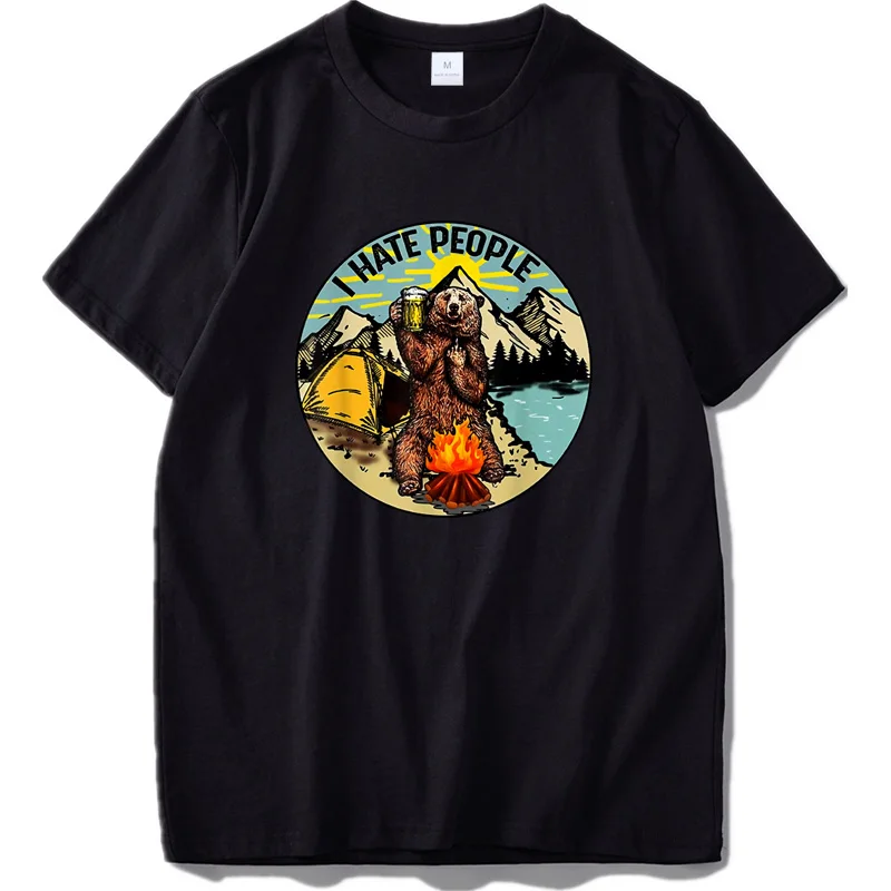 Camiseta de algodón con estampado de I Hate People, remera Retro con estampado de oso para amantes del senderismo, ropa de talla Europea 100%